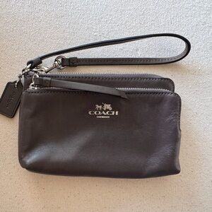 Coach Leather Double Zip Wristlet with Silver Hardware